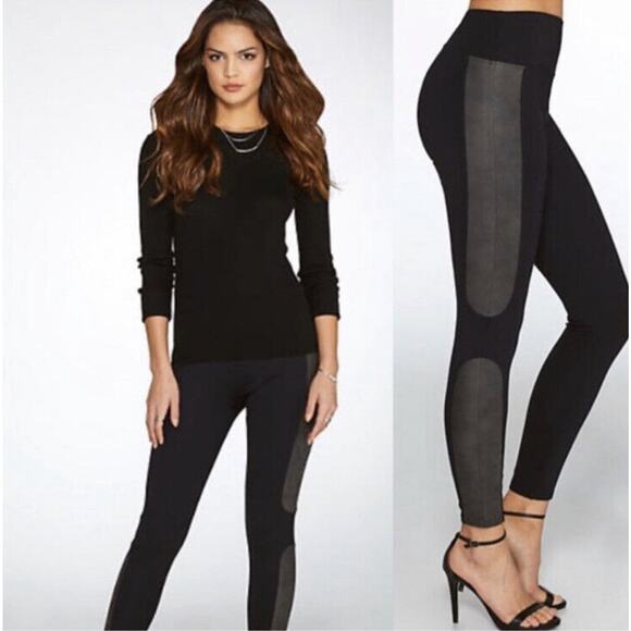 Spanx Faux Leather Panel Black Ponte Leggings High Rise Womens Medium FLAW - Picture 1 of 7
